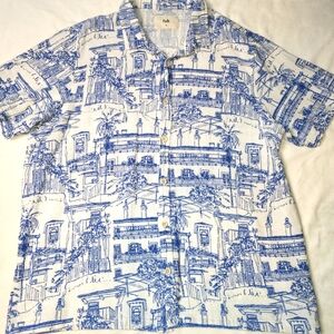Folk Woven Cotton Patterned Short Sleeve Shirt Men's‎ Size X Large Blue White